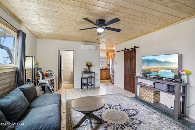 living room featuring a wall unit AC, a barn door, light tile patterned flooring, ceiling fan, and wooden ceiling