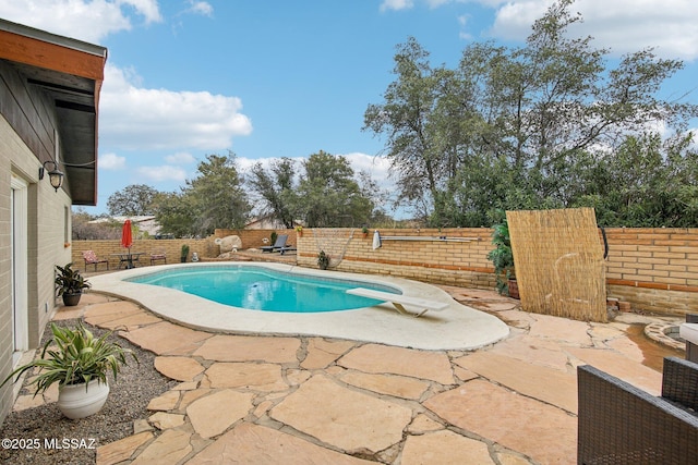 view of pool with a diving board, a patio, a fenced backyard, and a fenced in pool