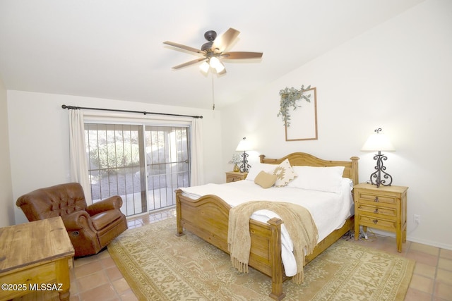 bedroom with access to outside, ceiling fan, light tile patterned floors, and lofted ceiling