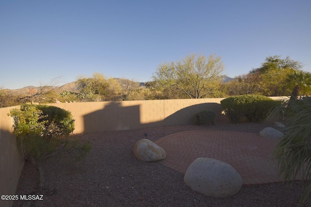 view of yard with a patio area and a mountain view