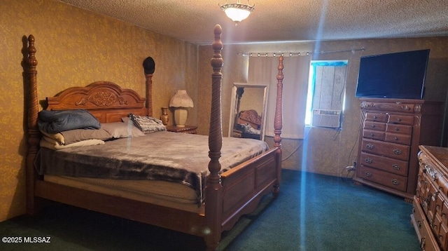 bedroom featuring dark carpet and a textured ceiling