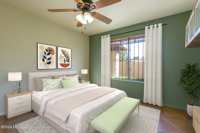 tiled bedroom featuring ceiling fan