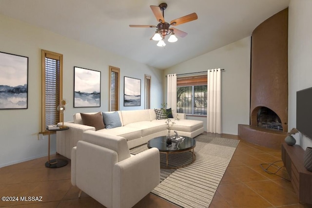 tiled living room featuring a large fireplace, ceiling fan, and lofted ceiling