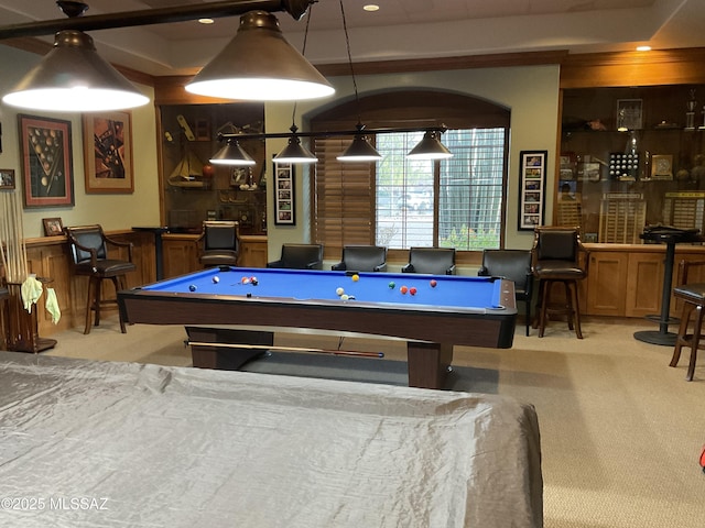 recreation room with billiards and light colored carpet