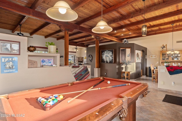 rec room with wood ceiling, ceiling fan, beam ceiling, light tile patterned floors, and pool table