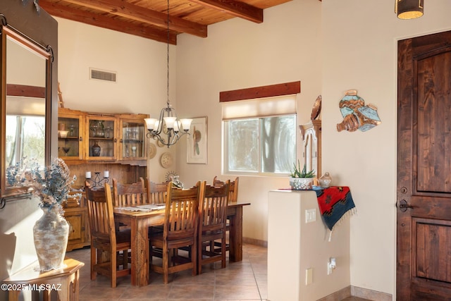 dining area with beam ceiling, dark tile patterned flooring, wooden ceiling, and a healthy amount of sunlight