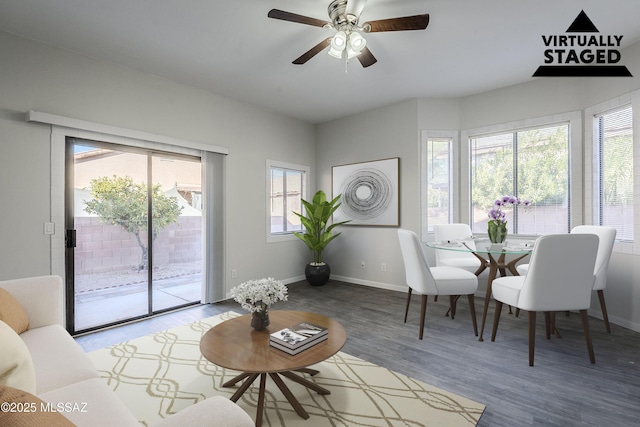 interior space featuring ceiling fan, hardwood / wood-style floors, and plenty of natural light