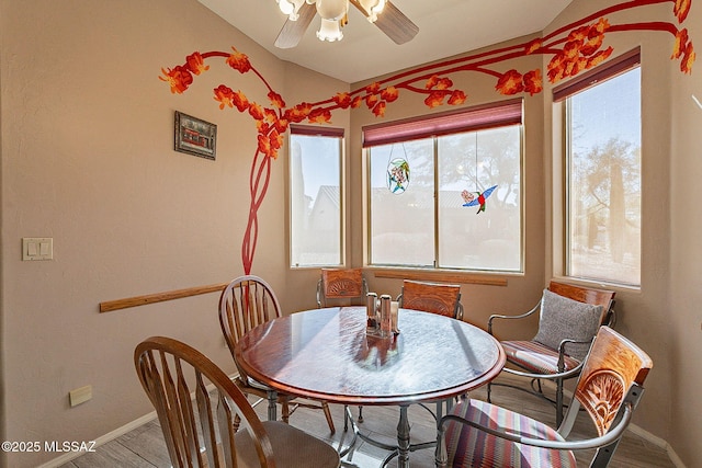 dining area featuring ceiling fan and wood-type flooring