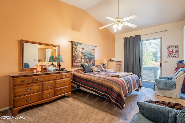 carpeted bedroom with ceiling fan, access to exterior, and vaulted ceiling