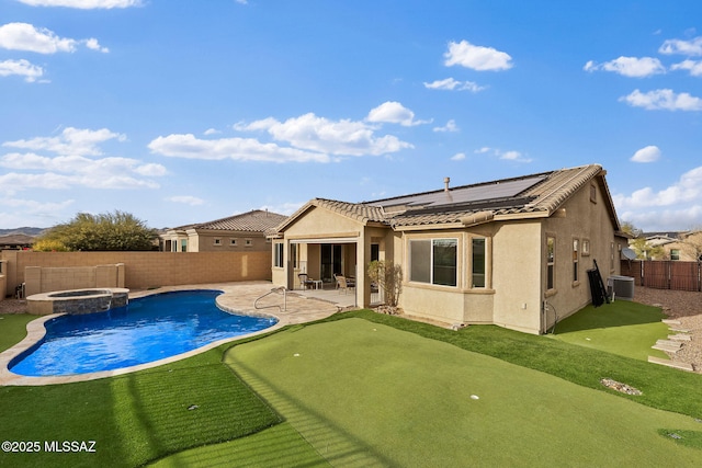 view of pool featuring an in ground hot tub, a patio, and central AC