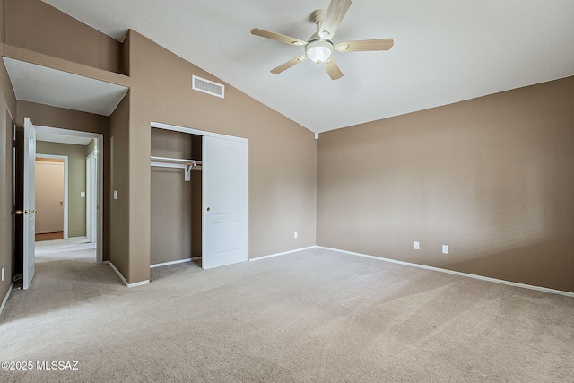 unfurnished bedroom with ceiling fan, light carpet, visible vents, baseboards, and a closet