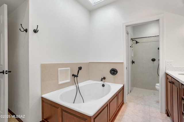 bathroom with a washtub, vanity, and toilet