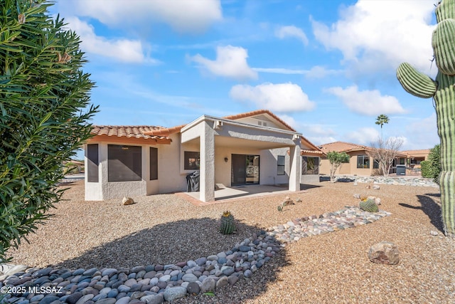 back of house featuring stucco siding, a tiled roof, and a patio