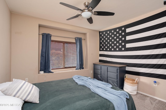 bedroom featuring carpet floors and ceiling fan