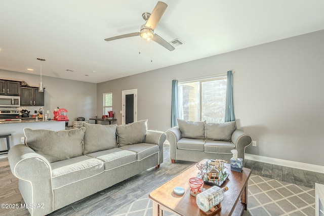 living room featuring ceiling fan and wood-type flooring