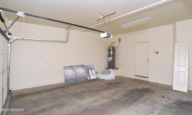 garage with electric water heater and a garage door opener