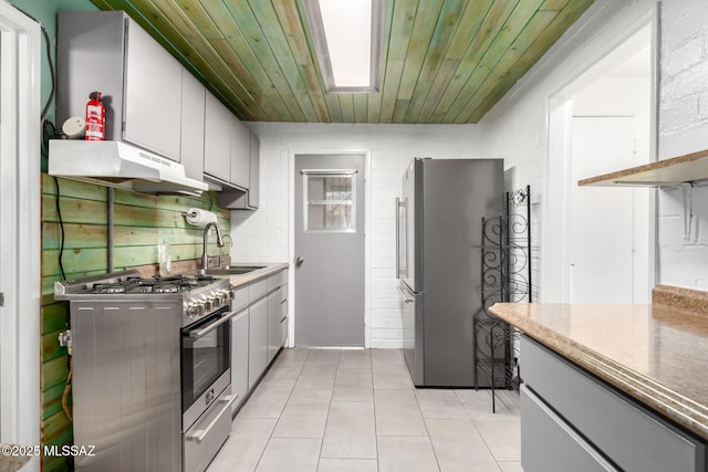 kitchen with appliances with stainless steel finishes, white cabinetry, sink, wooden ceiling, and light tile patterned floors