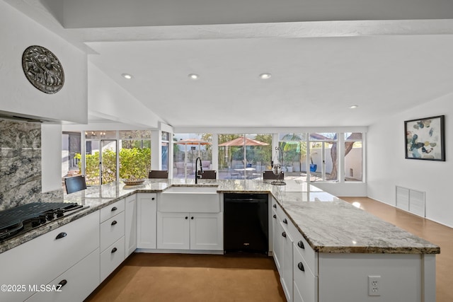 kitchen featuring visible vents, plenty of natural light, black appliances, and a sink