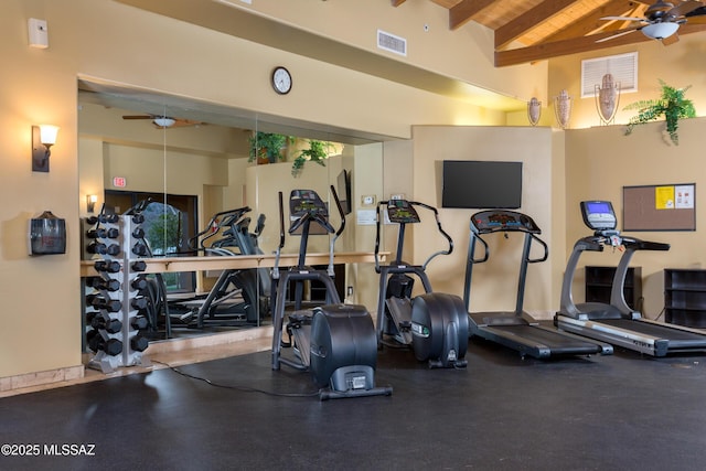 exercise room featuring visible vents, ceiling fan, and lofted ceiling