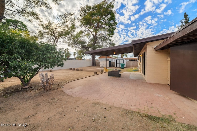 view of yard with a patio and a storage unit