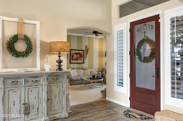 foyer entrance featuring dark hardwood / wood-style flooring and ceiling fan