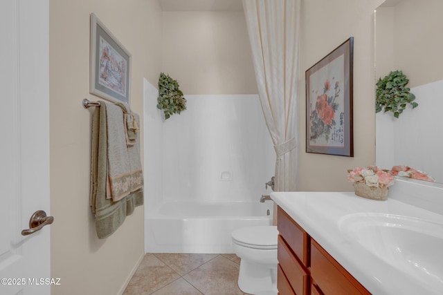 full bathroom featuring toilet, vanity, shower / tub combo with curtain, and tile patterned flooring