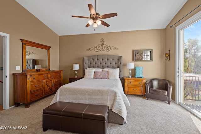 bedroom featuring ceiling fan, light colored carpet, lofted ceiling, and access to outside