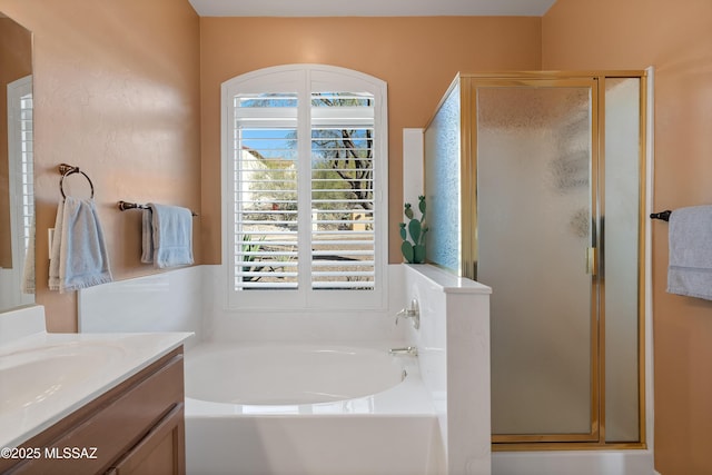 bathroom with vanity and separate shower and tub