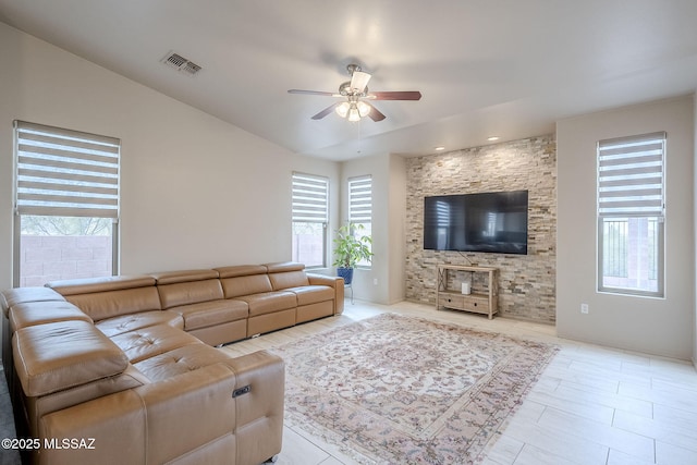 living room featuring ceiling fan