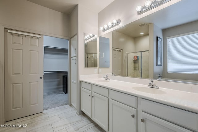 bathroom featuring vanity and a shower with shower door