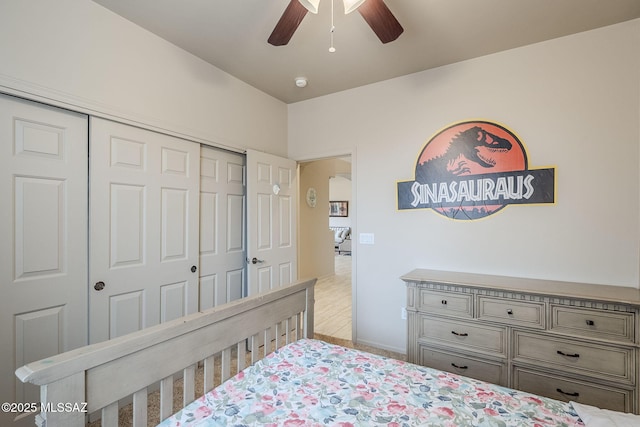 bedroom featuring a closet and ceiling fan