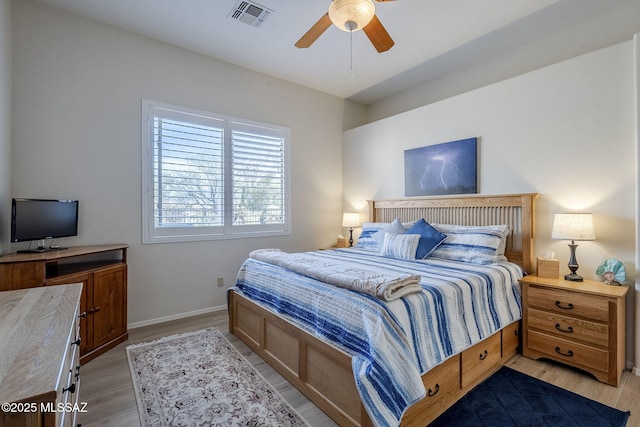 bedroom featuring ceiling fan and light hardwood / wood-style flooring