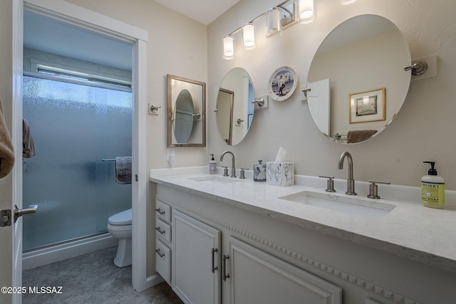 bathroom featuring vanity, toilet, and a shower with shower door