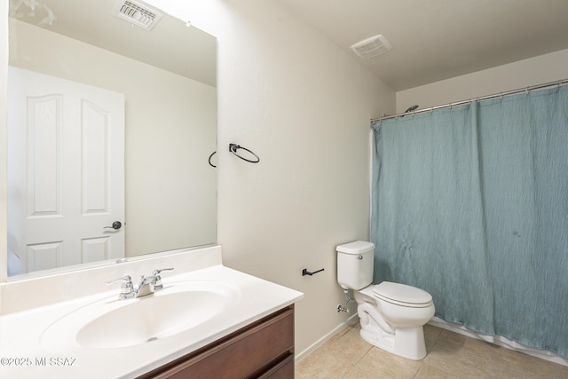 full bath featuring toilet, vanity, visible vents, and tile patterned floors