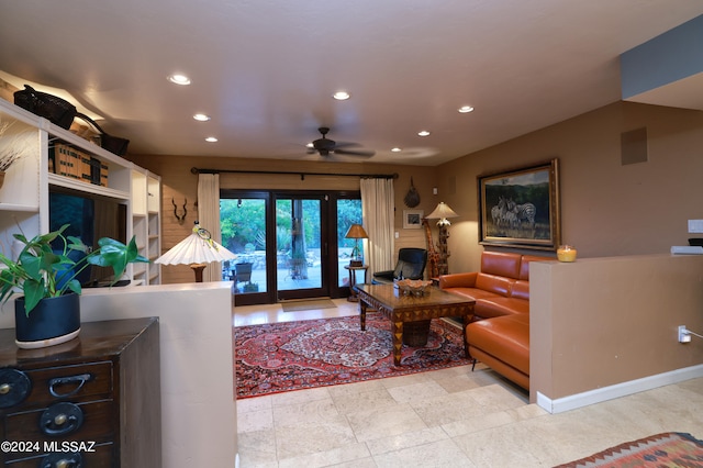 living room with ceiling fan