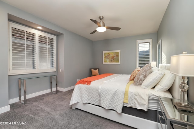 bedroom featuring ceiling fan and carpet floors