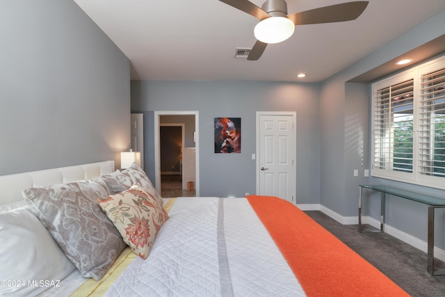 carpeted bedroom featuring ceiling fan