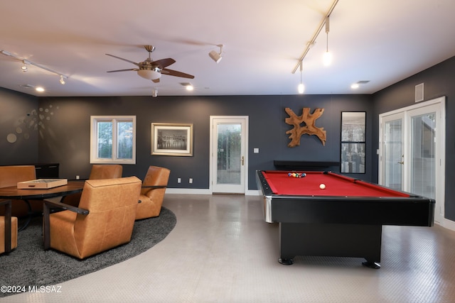 game room with french doors, ceiling fan, and billiards