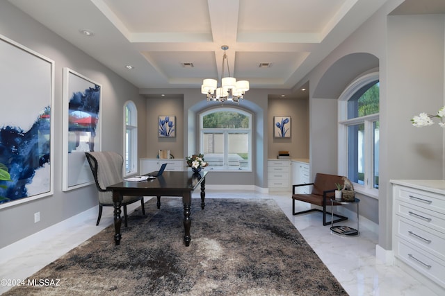 office featuring beamed ceiling, an inviting chandelier, and coffered ceiling