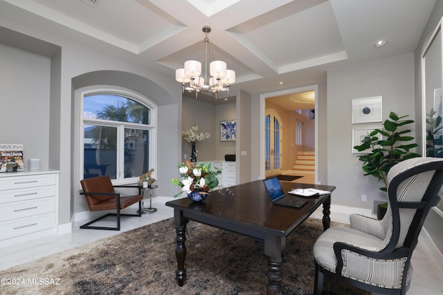 home office with beamed ceiling, a chandelier, and coffered ceiling