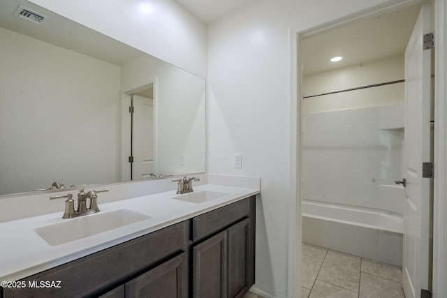 full bathroom with tile patterned flooring, visible vents, a sink, and double vanity