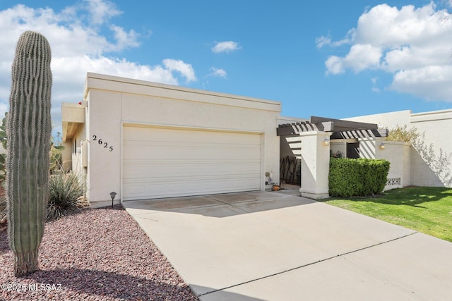 view of front of property featuring concrete driveway, a garage, a pergola, and stucco siding