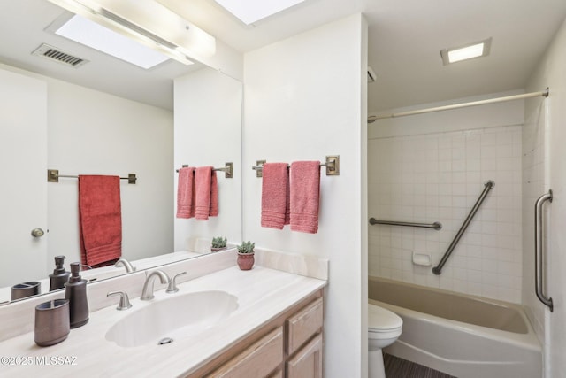 bathroom with visible vents, shower / bathtub combination, toilet, and vanity