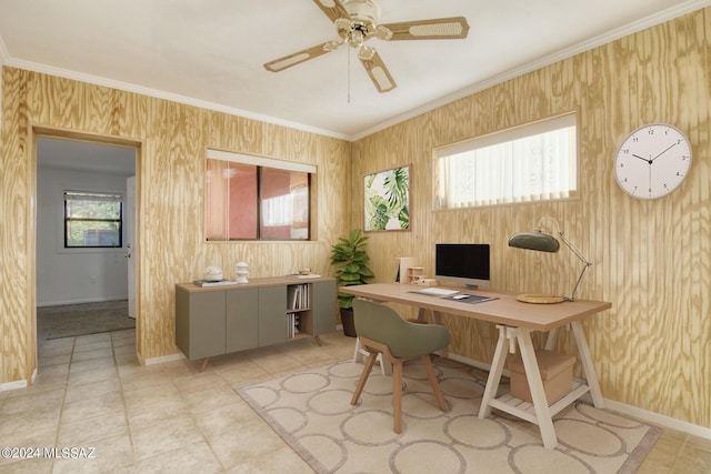 office area featuring ornamental molding and ceiling fan