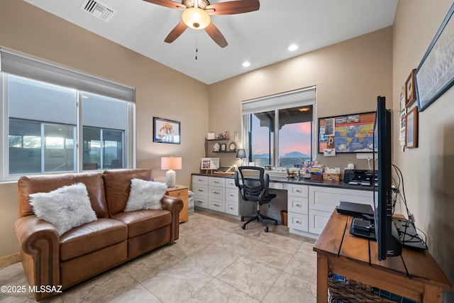 office area with a ceiling fan, recessed lighting, and visible vents