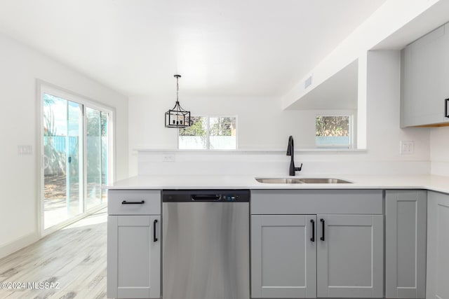 kitchen featuring gray cabinets, a wealth of natural light, sink, and stainless steel dishwasher