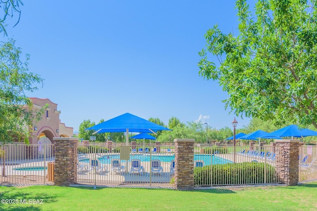 view of pool with a yard