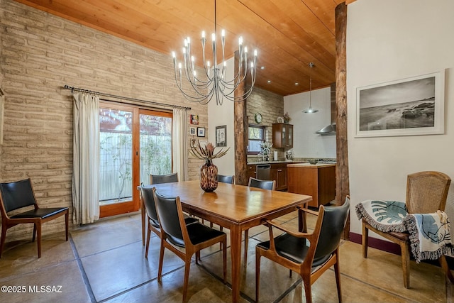 dining area with concrete flooring, wooden ceiling, and a notable chandelier