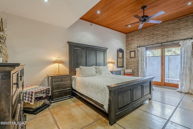 bedroom featuring access to outside, ceiling fan, and wooden ceiling