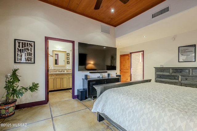 bedroom featuring ensuite bathroom, ceiling fan, and wooden ceiling